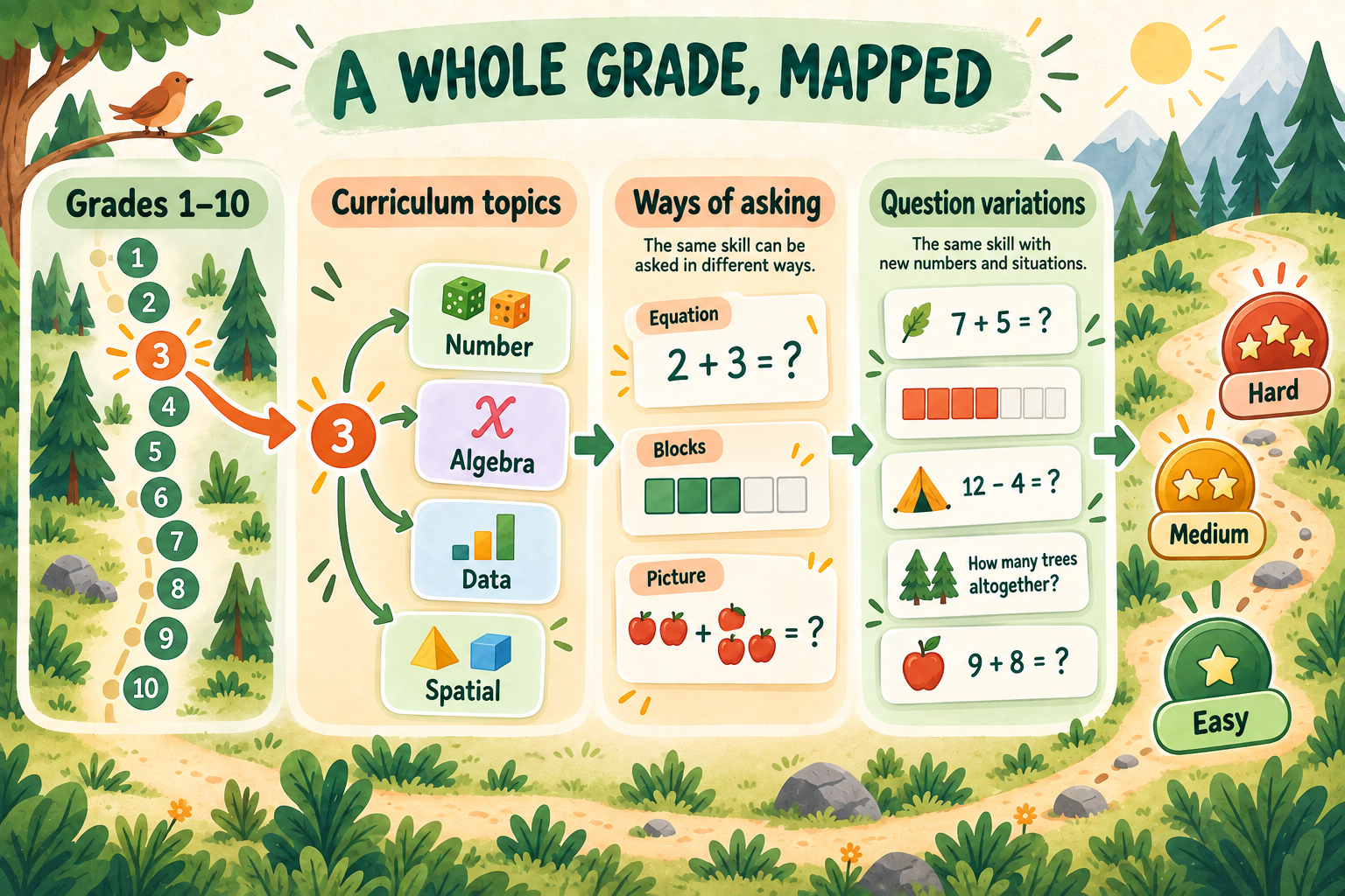 Illustrated forest map showing a selected grade branching into curriculum topics, then different ways of asking and question variations, followed by Easy, Medium, and Hard practice badges