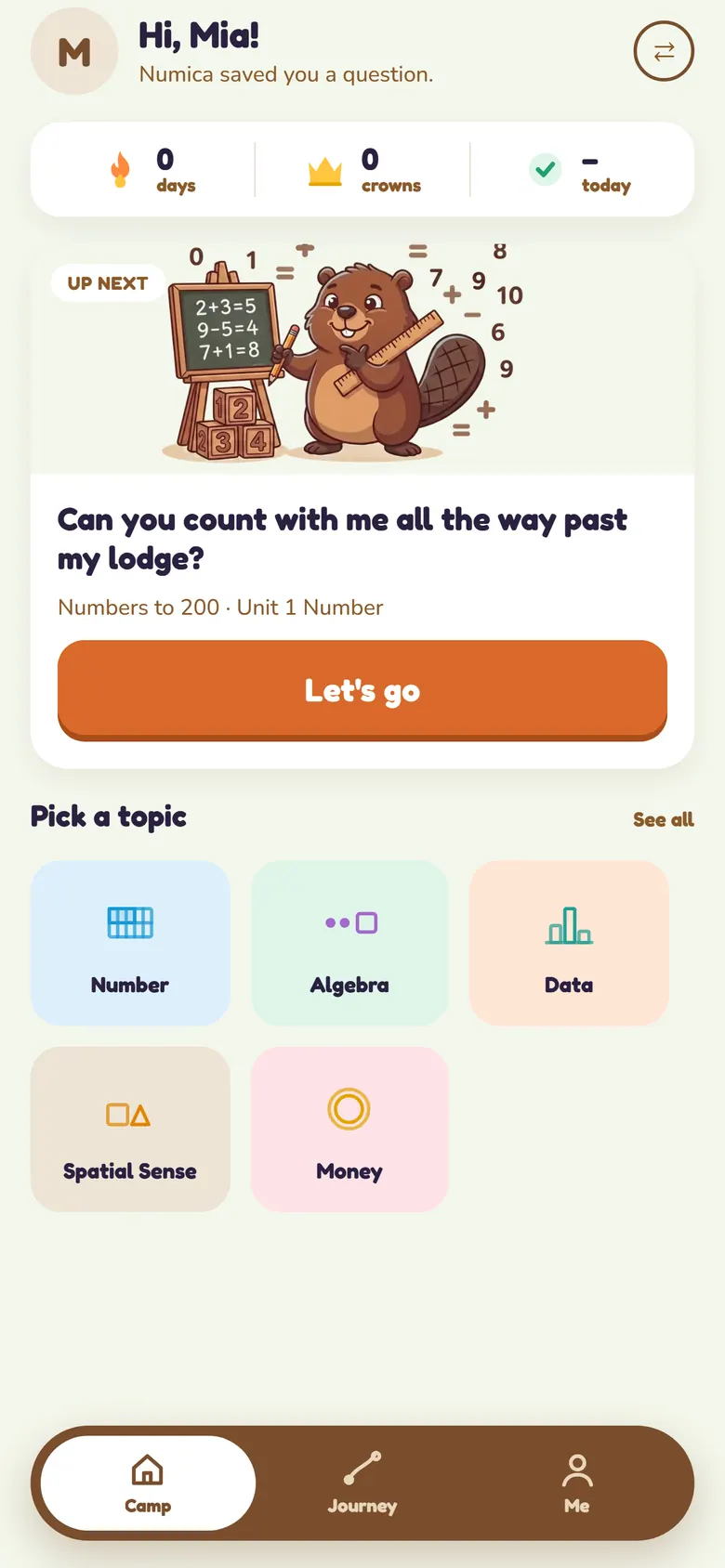 Child Camp screen showing the next Grade 2 topic and Ontario maths strands