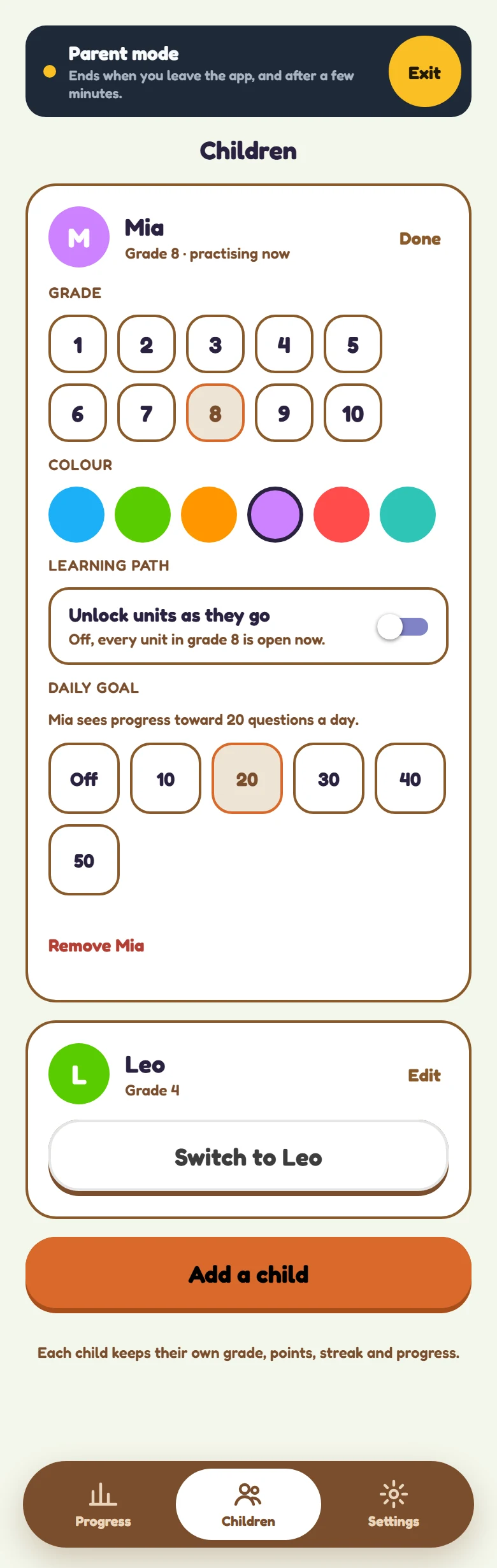 Full Children tab with Mia and Leo, including grade, colour, learning path, daily goal, switching, and add-child controls