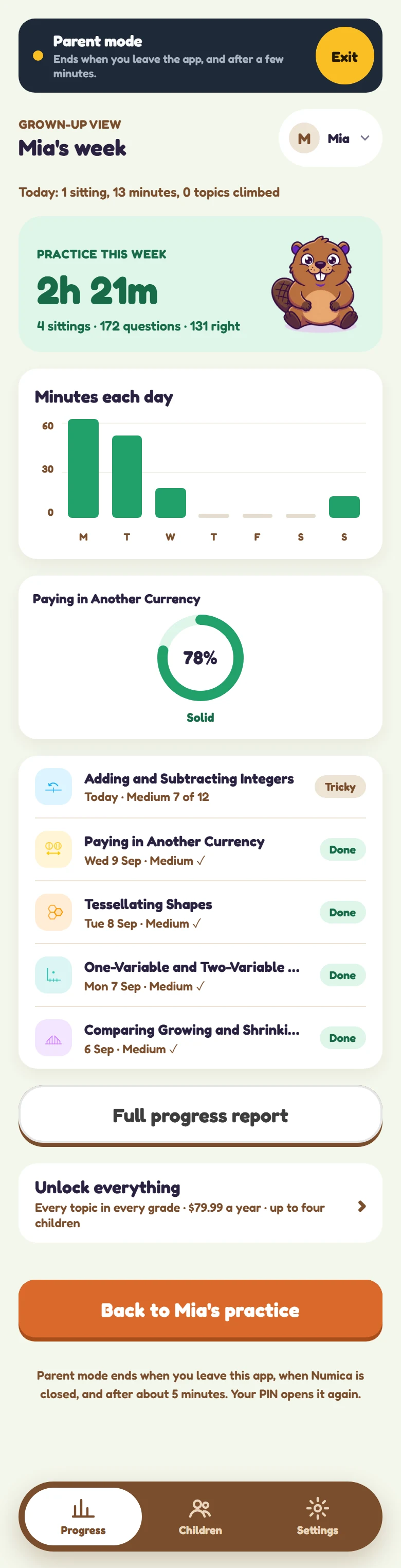 Populated Mia parent progress tab showing today's practice, weekly time, accuracy, recent topics, and a full report button