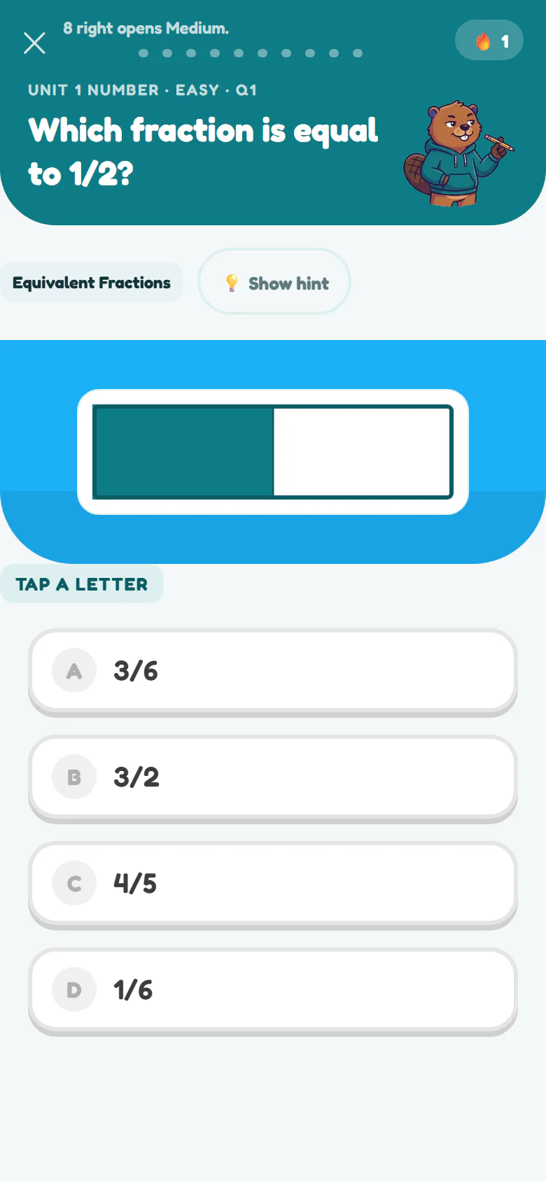 Numica practice screen asking an equivalent fractions question with four answer choices