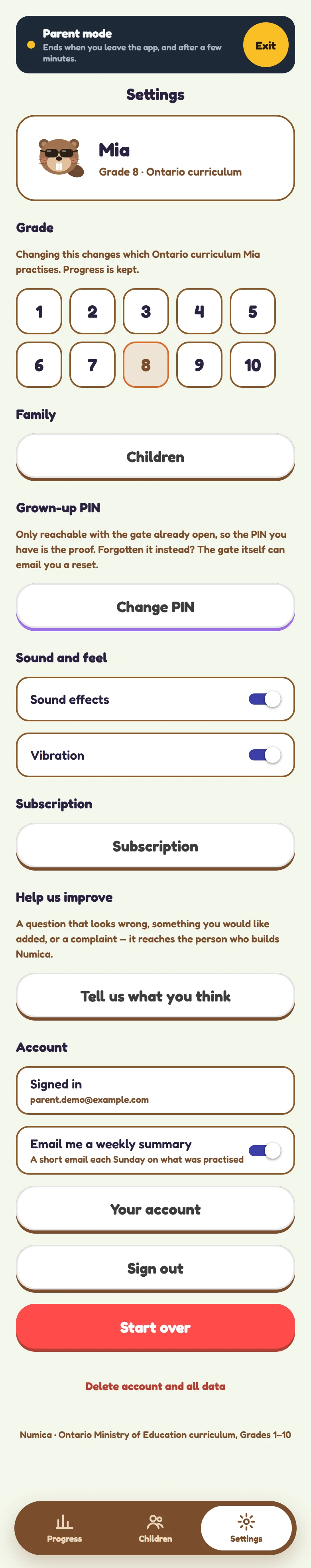 Full Parent Settings page showing grade, family, PIN, sound, subscription, feedback, account, sign-out, reset, and deletion controls