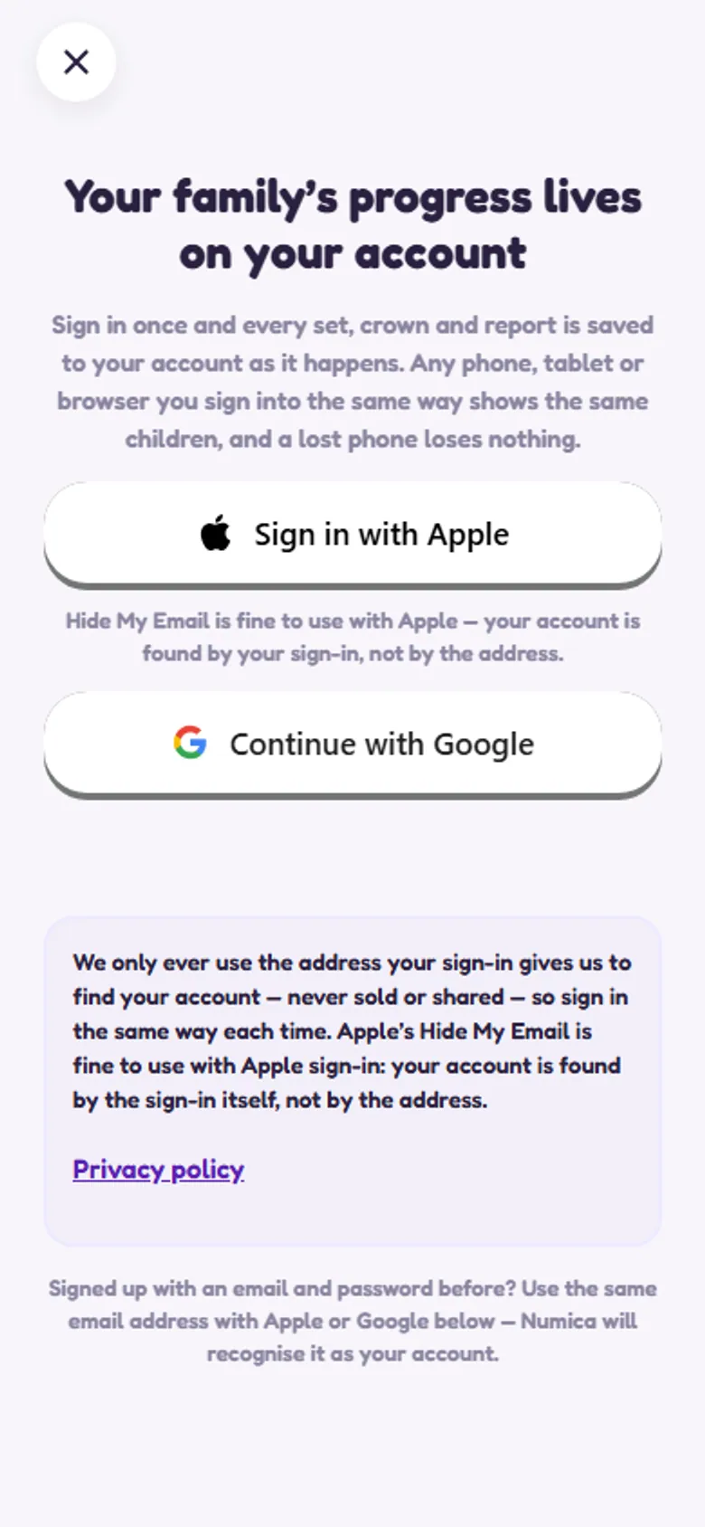 Numica sign-in screen offering Sign in with Apple and Continue with Google