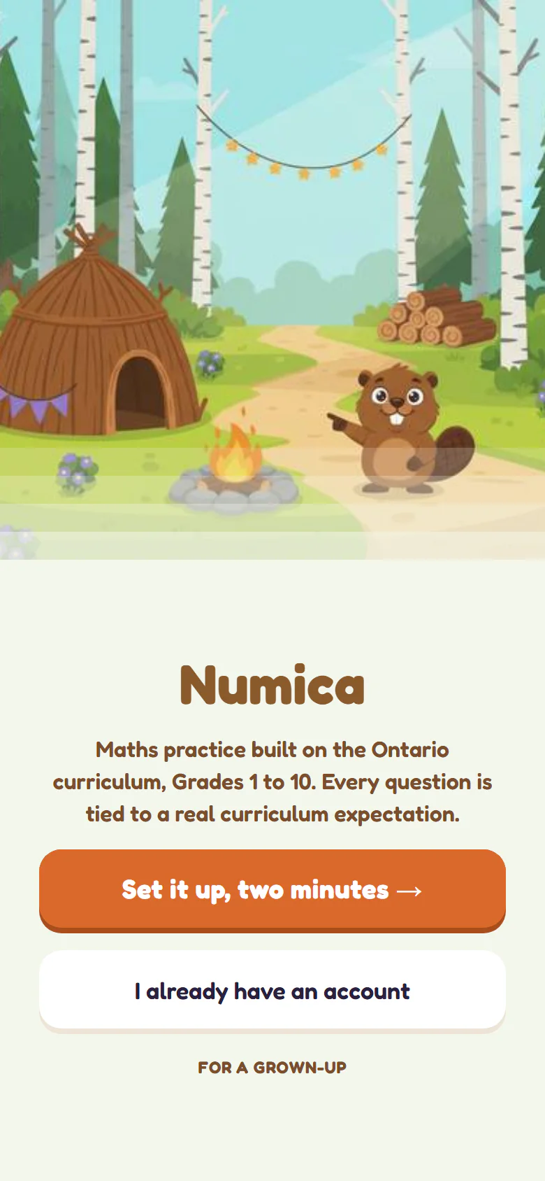 Numica welcome screen showing the forest camp and account setup choices